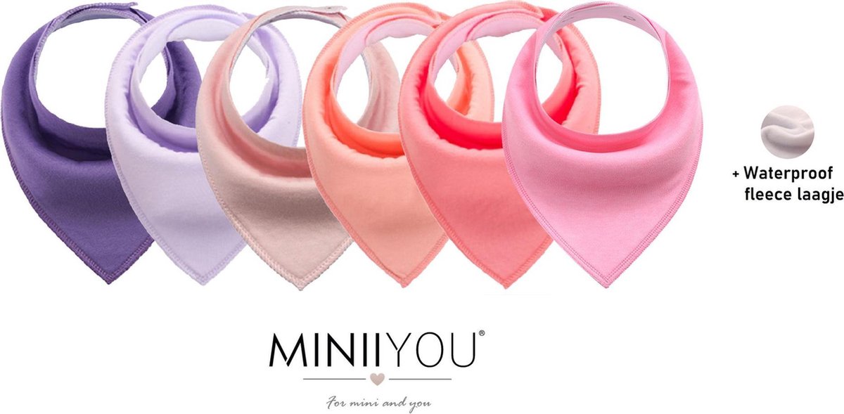 MINIIYOU® Set van 6 stuks - Bandana slabbetjes roze paars effen meisjes - waterproof - puntslabbetjes - katoen + fleece