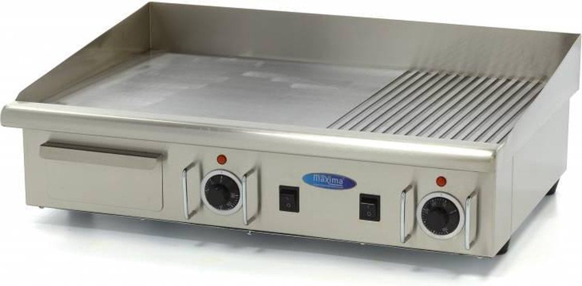 Grillplaat Half Gegroefd - 73 cm - 400V - RVS - Thermostaat tot 300 Graden - met Lekbak - Professionele Elektrische Bakplaat - Maxima