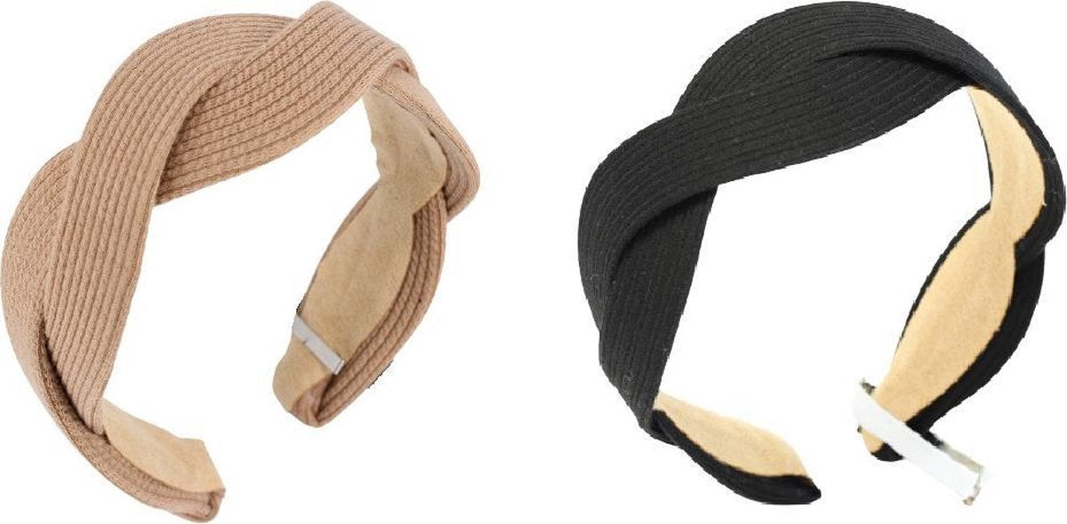2 pack - Gevlochten dames diadeem - beige en zwart - haarband vlecht