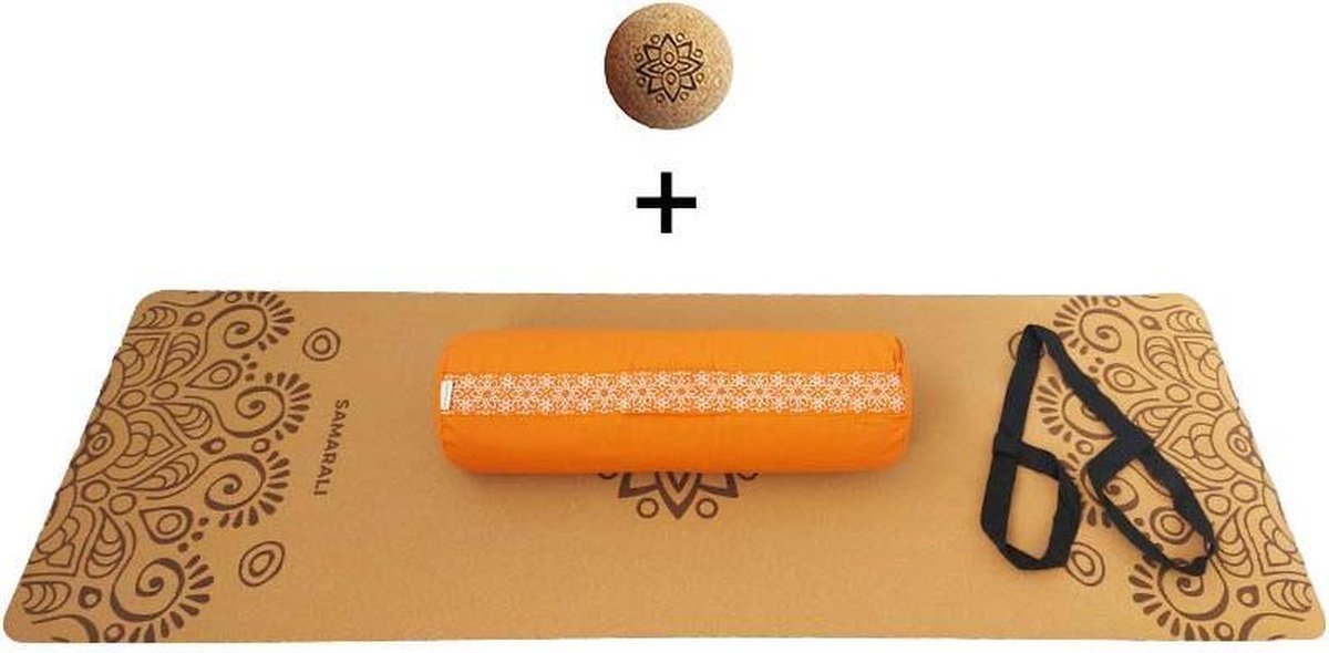 Yin Yoga set – Sun (ORANJE)| Kurk yogamat| Yoga Bolster| Kurk massagebal| Draagiem| Ethisch geproduceerd uit natuurlijke materialen