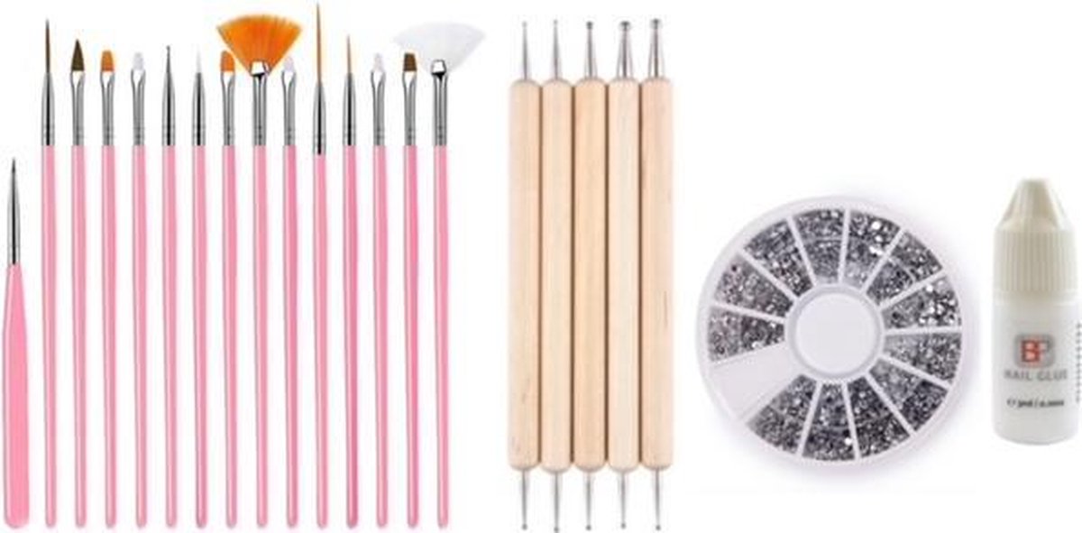GUAPÀ - Nagel Penselen Set Roze + Rhinestones Zilver + Druppel & Dotting Pennen + Nagellijm - Nail Art