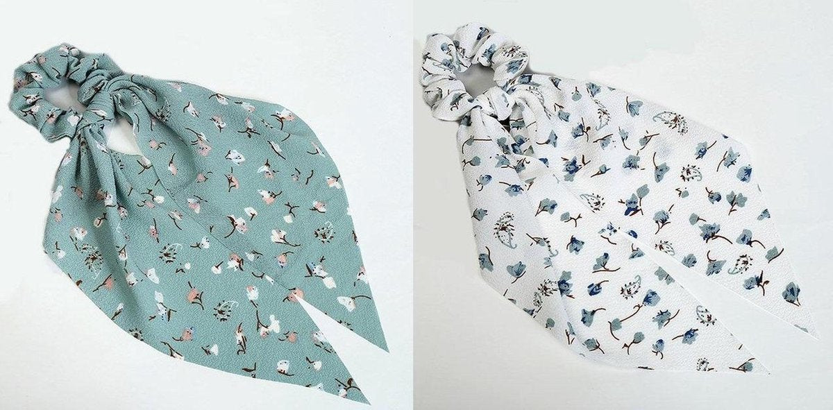 Dames haar scrunchie | elastische haarband - elastiek | Twee-delig | Trendy haar scrunchie met lintjes | Nek sjaaltje + scrunchie | Elegante print Zwart - wit - goud - roze | Dames haar Acessoires