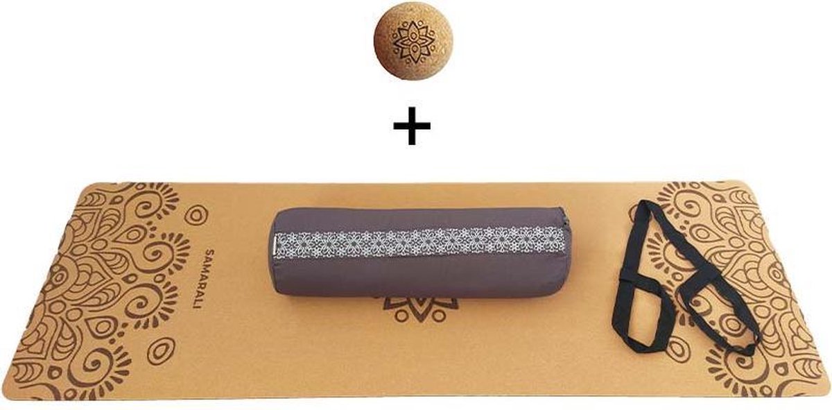 Yin Yoga set – Sun (GRIJS)| Kurk yogamat| Yoga Bolster| Kurk massagebal| Draagiem| Ethisch geproduceerd uit natuurlijke materialen