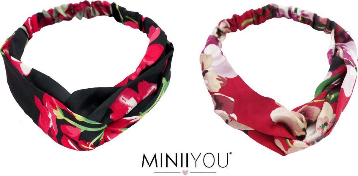 2 stuks | Gebloemde dames haarband oriental rood - zwart |  bandana hoofdband | volwassenen - vrouwen - tieners - meisjes