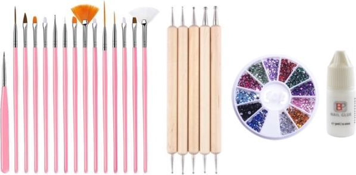 GUAPÀ - Nagel Penselen Set Roze + Rhinestones Diverse Kleuren + Druppel & Dotting Pennen + Nagellijm - Nail Art