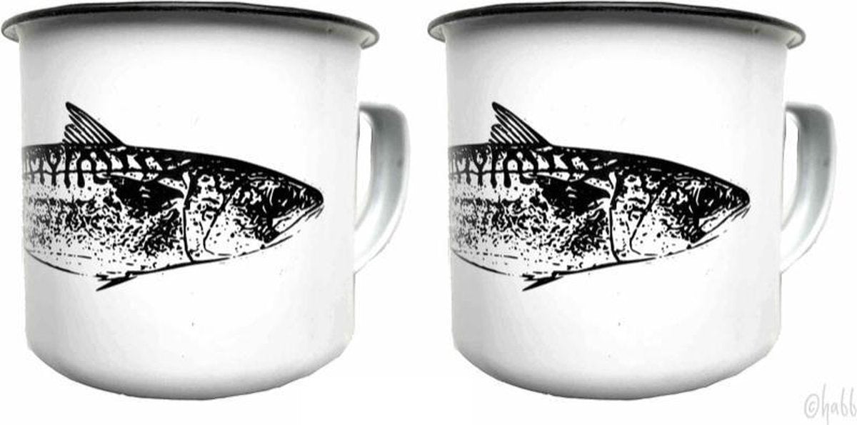 Emaille beker "Wit met Vis" set van 2 stuks