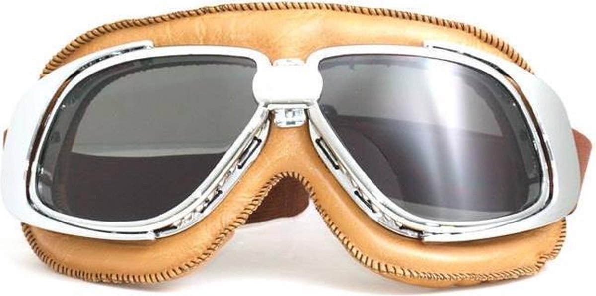 Chrome camel leren motorbril donker glas