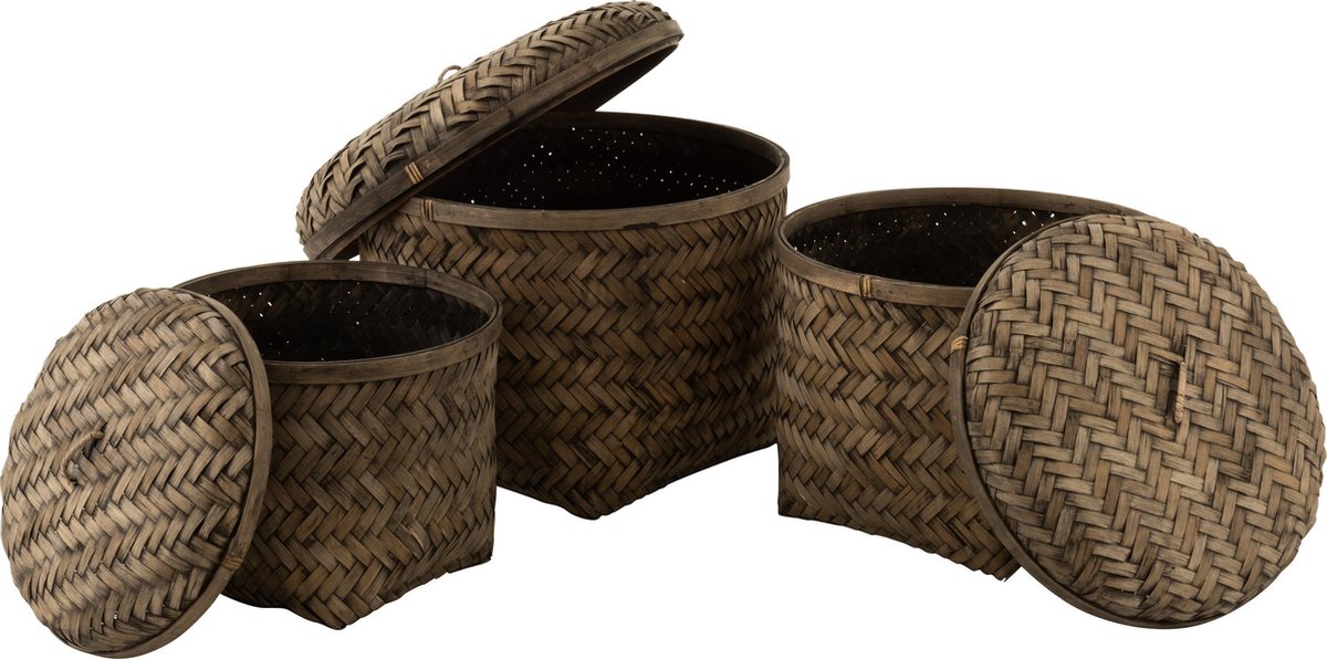 J-Line Set Van 3 Manden Gewoven Met Deksel Bamboe Bruin