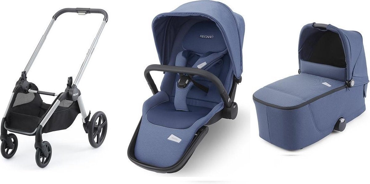 Recaro Celona Kinderwagen - Frame Aluminium Grey met Zitting en Reiswieg Prime Sky Blue