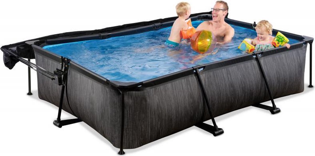 EXIT Zwembad Frame Pool Black Wood Zwembad 300 x 200 x 65 cm met Schaduwdoek en Filterpomp - Zwart
