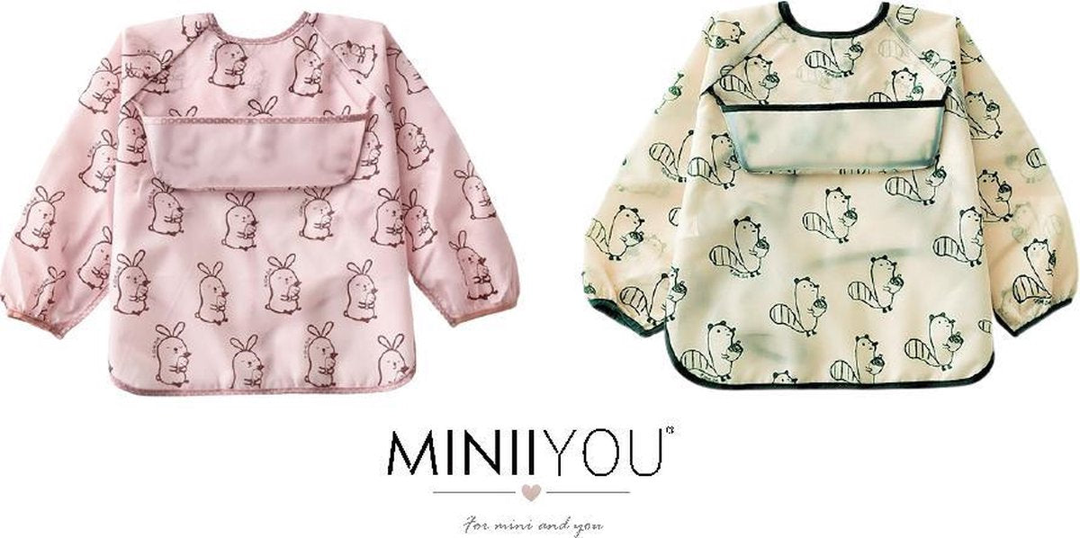 Duo pack Slabbetjes met mouwen met opvangbak - eekhoorn konijn roze - 1-4 jaar - kunststof - waterproof - waterdicht - dreumes en peuter