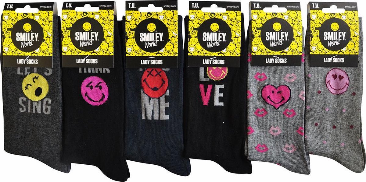 Smiley sokken voor dames - 6 paar leuke kousen met print - One Size - ideaal als geschenk