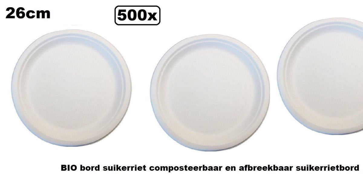 500x BIO bord next generation  suikerriet rond 26cm wit - composteerbaar afbreekbaar bord eten BBQ milieu eten