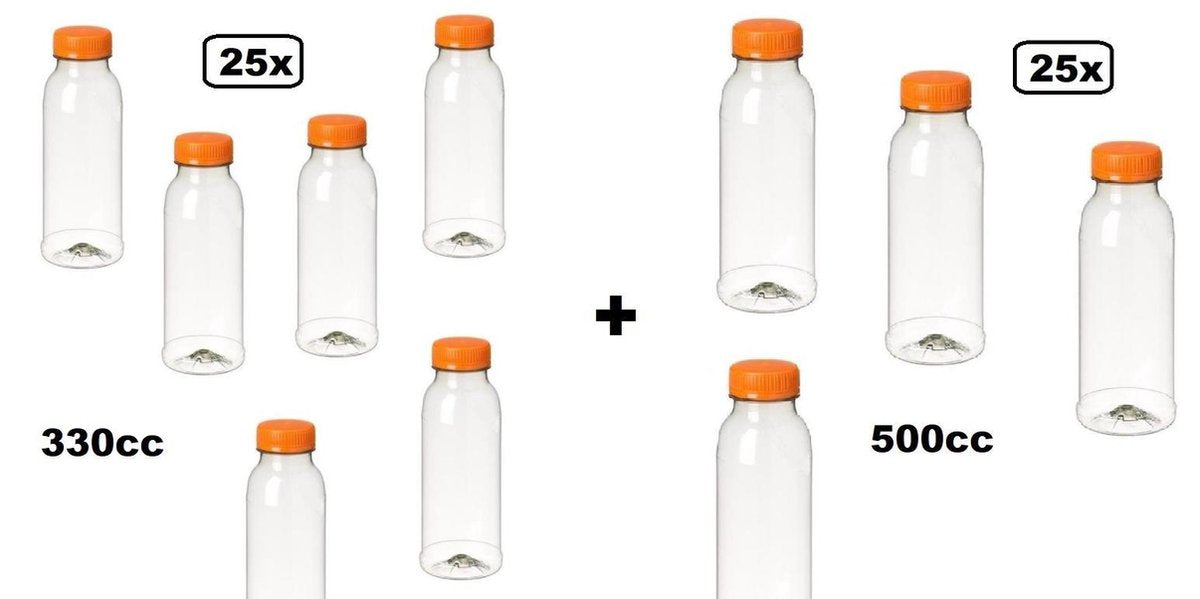 50x Flesje PET helder mix 330cc en 500cc met oranje dop - drink fles vruchten sap limonade drank