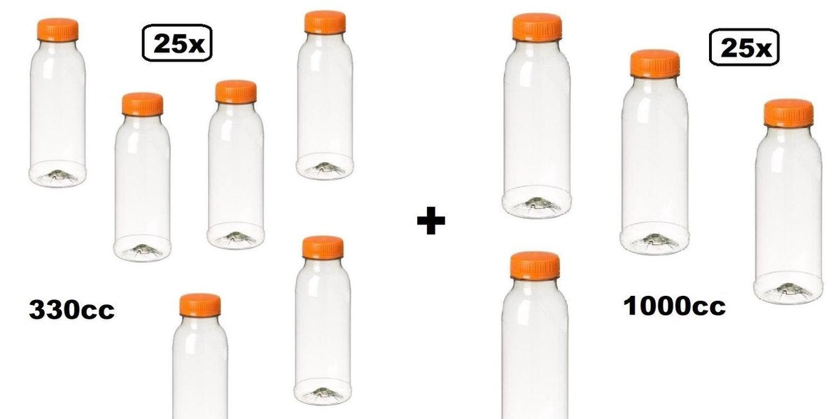 50x Flesje PET helder mix 330cc en 1000cc met oranje dop - drink fles vruchten sap limonade drank