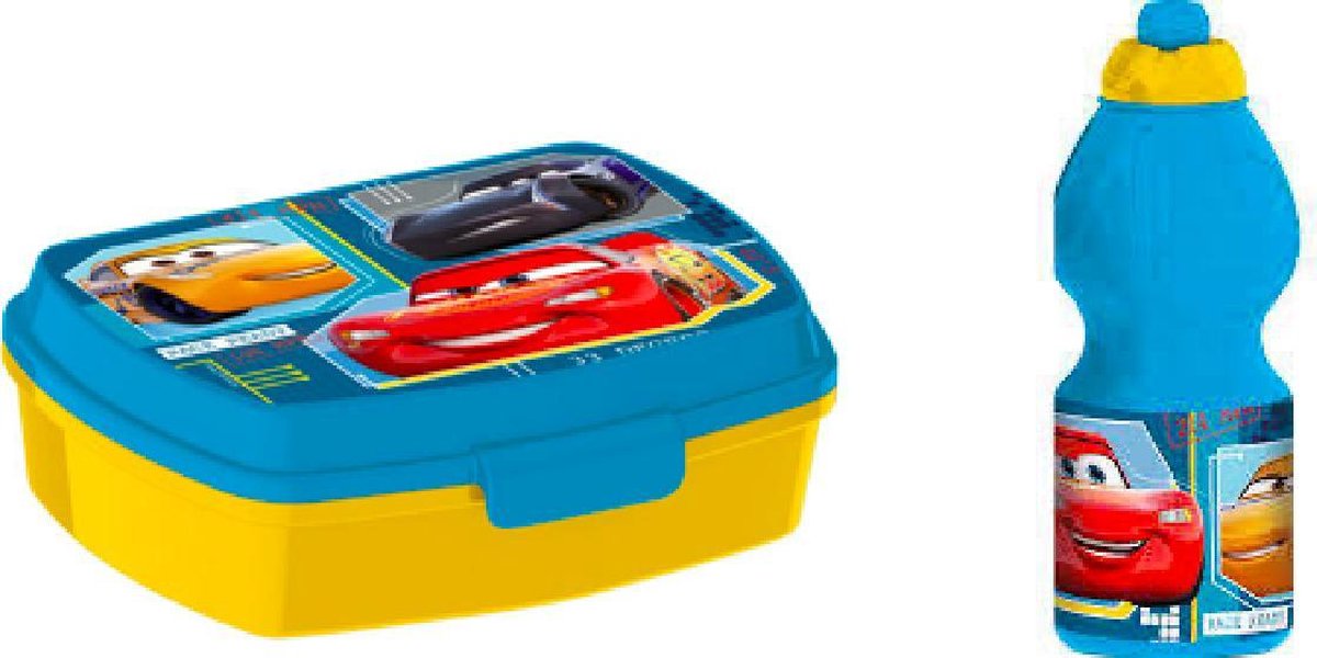 cars brooddoos (17 cm - 13 cm - 6 cm) + Drinkfles (18 cm hoog - 400 ml)