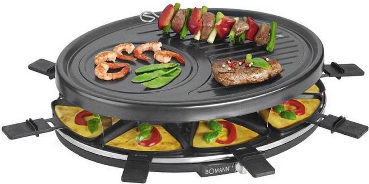 Bomann RG2247CB Raclette Grill + 8 Pannen en 8 Spatels Zwart