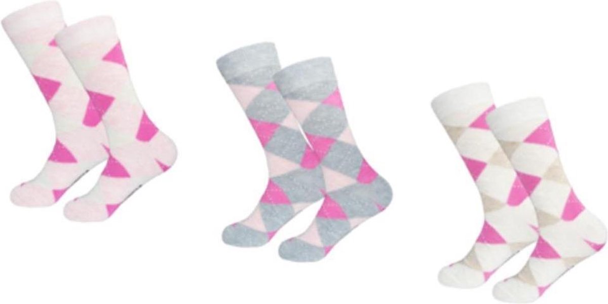 GIANVAGLIA DAMES SOKKEN KATOEN/ROZE/FUCHSIA/GRIJS/BEIGE/ARGYLE/GERUIT/ 6 PAAR MAAT 35-38