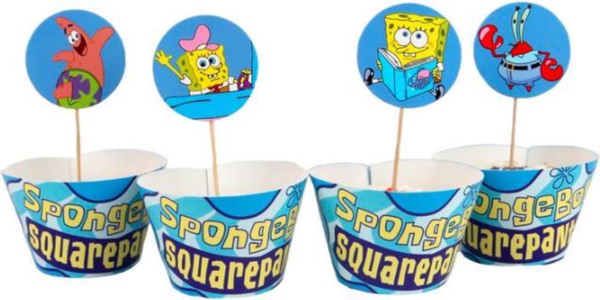 ProductGoods - 12 Stuks Spongebob Squarepants Mini Cupcake Bakjes + 12 Cupcake Spongebob Squarepants Versiering - Kinderen - Kinderfeestje - Party - Taart Decoraties - Verjaardag Decoratie - Happy Birthday - Spongebob Squarepants  - Omslagen - Omslag