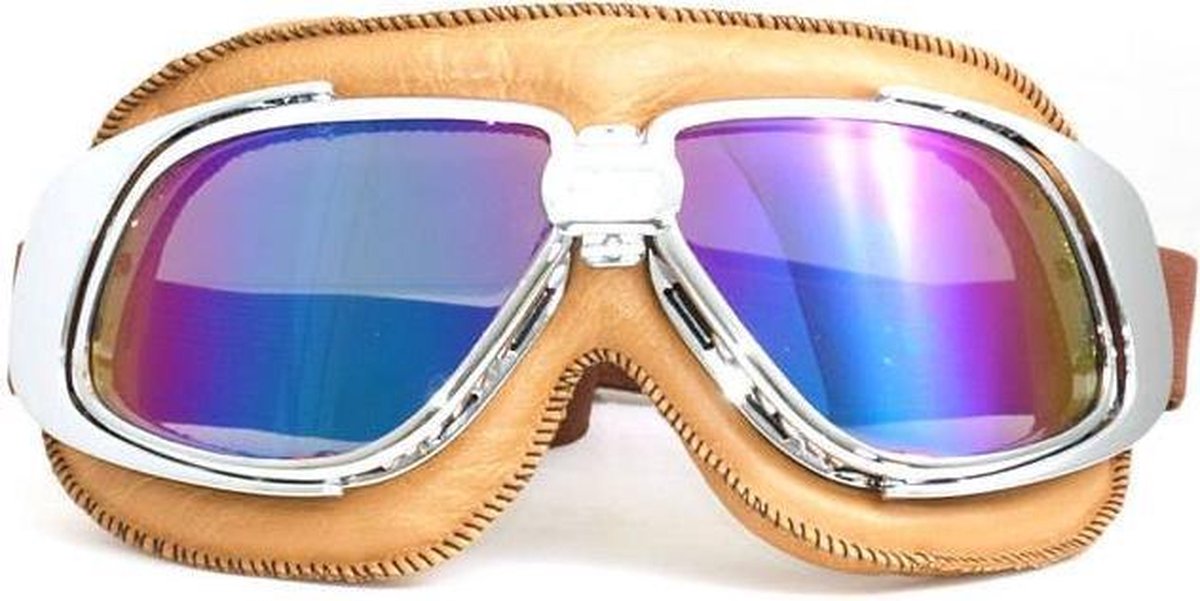 Chrome camel leren motorbril multi kleur glas
