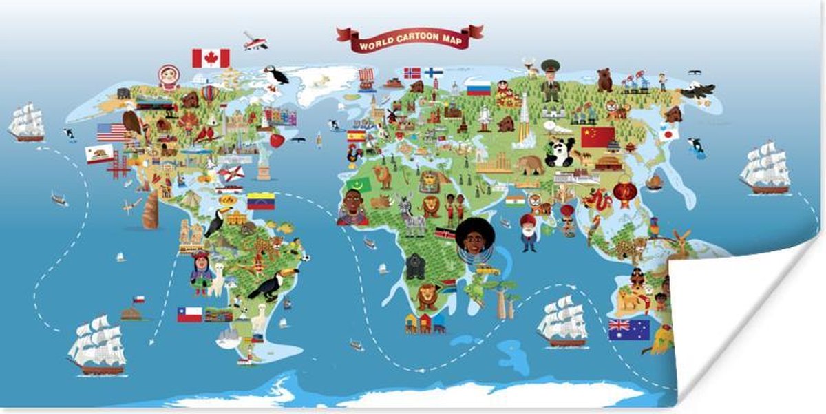 Wereldkaarten - Wereldkaart Kinderen - Dieren - Symbool - 160x80 cm