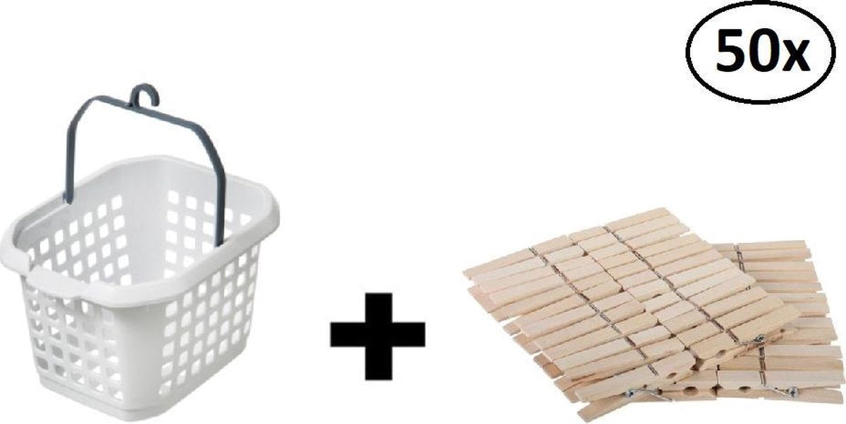 Five® - Wasknijpermandje + Wasknijpers 50 Stuks - Houten Wasknijpers -Wasknijperbakje - Wasknijperzakje - Wasknijper mandje - Wasknijpers plastic voor Drooglijn