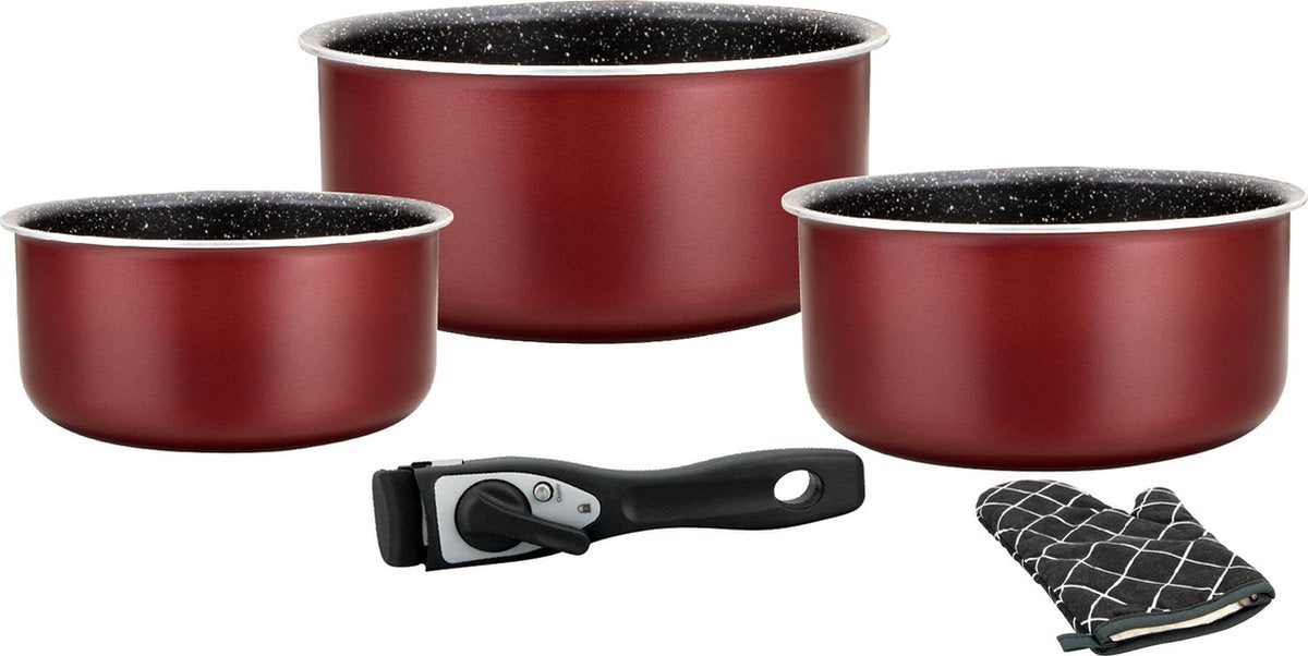 Herzberg HG-8051: 5-Delige Braadpannenset met afneembaar handvat rood