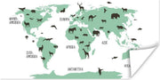 Muurdecoratie - Wereldkaart kinderen - Dieren - Groen - 80x40 cm - Poster