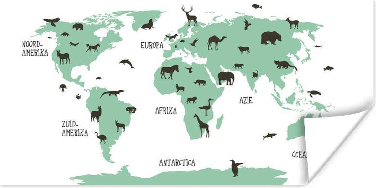 Muurdecoratie - Wereldkaart kinderen - Dieren - Groen - 80x40 cm - Poster