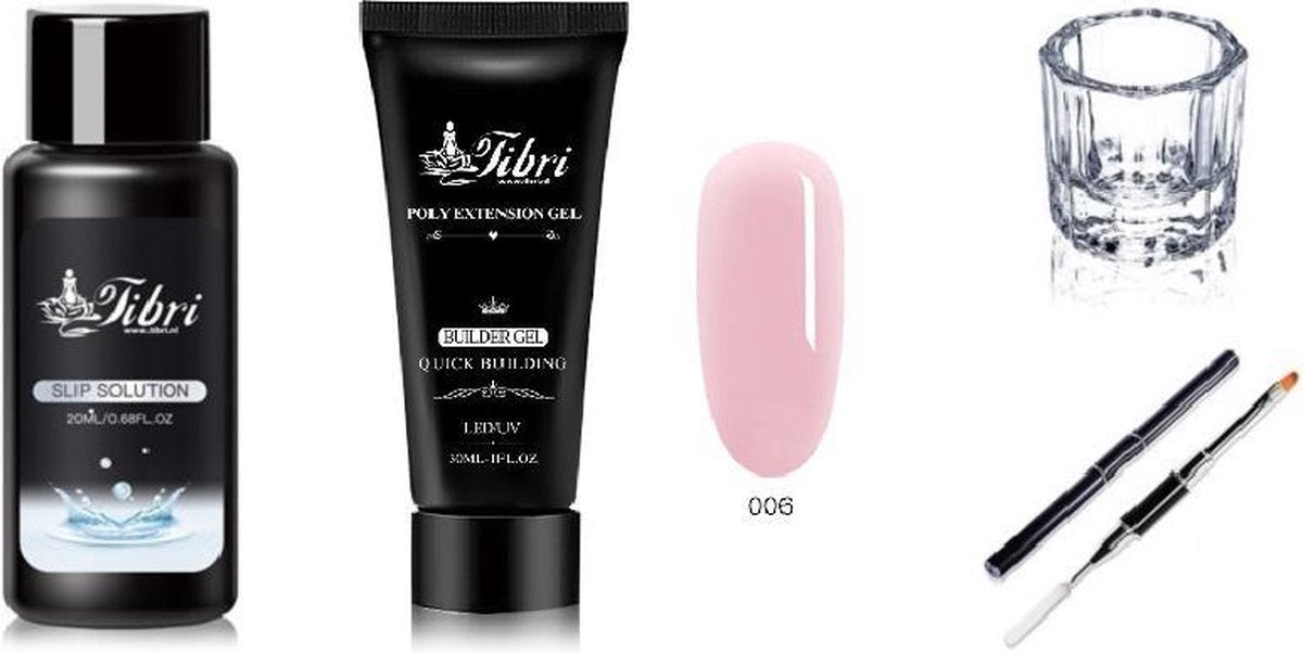 Set 202 - Polygel Roze 30ml - Slip Solution 20 ml - glaasje - Polygel nageltool - Set van 4
