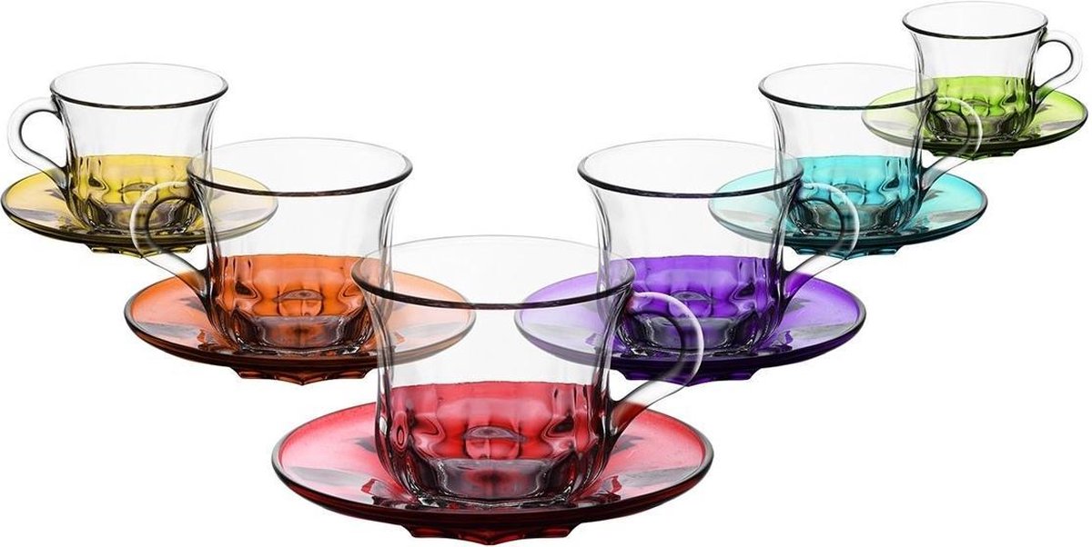 Lav koffieglazen of theeglazen met gekleurde schoteltjes (set van 12)