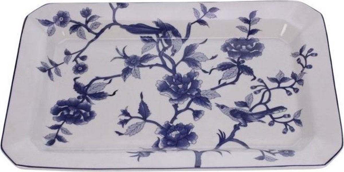 Schaal plat Bloemen/vogels blauw/wit RH 34x3x22