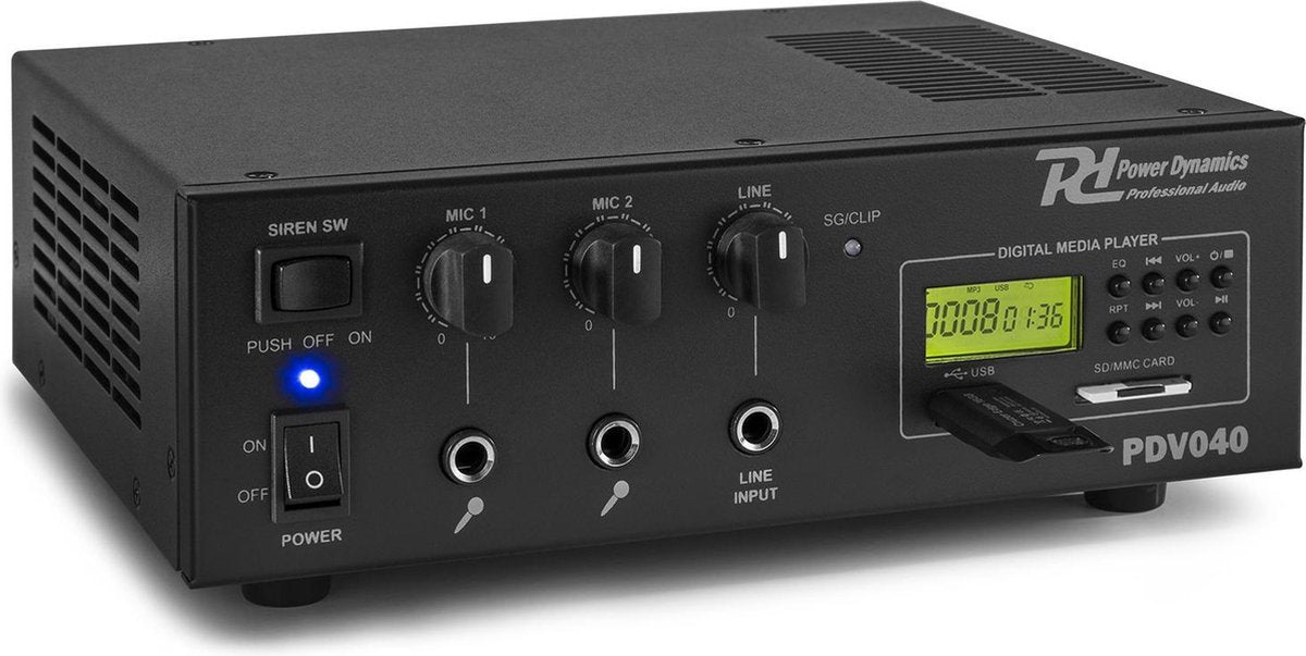 Power Dynamics PDV040 100 Volt versterker met USB / SD mp3 speler en sirene functie