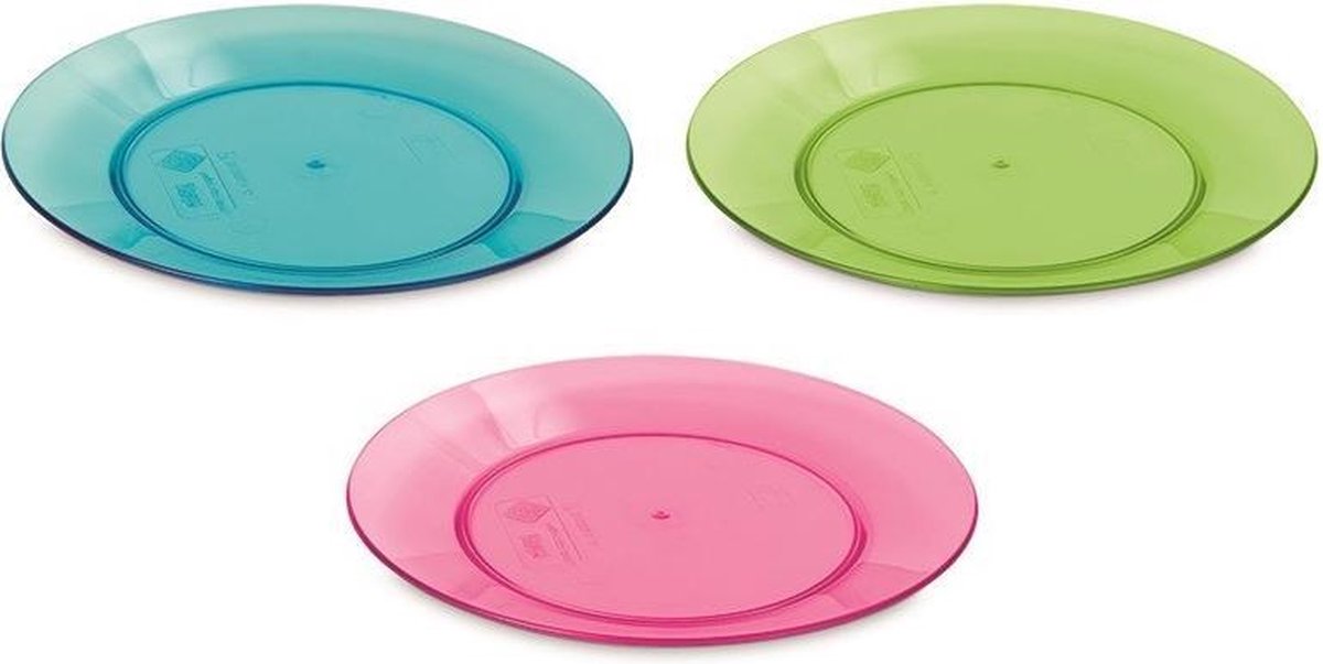 12x 12x Ronde kunststof borden gekleurd/transparant 17 cm - Camping/tuin servies - Gebaksbordjes/ontbijtbordjes - Gebaksbord - Ontbijtbord