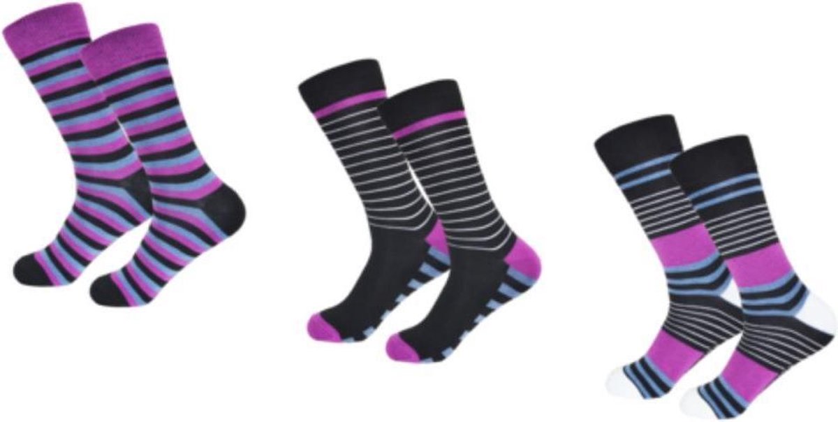 GIANVAGLIA DAMES SOKKEN KATOEN/BLAUW/PAARS/WIT/ZWART/GESTREEPT/ 6 PAAR MAAT 39-42