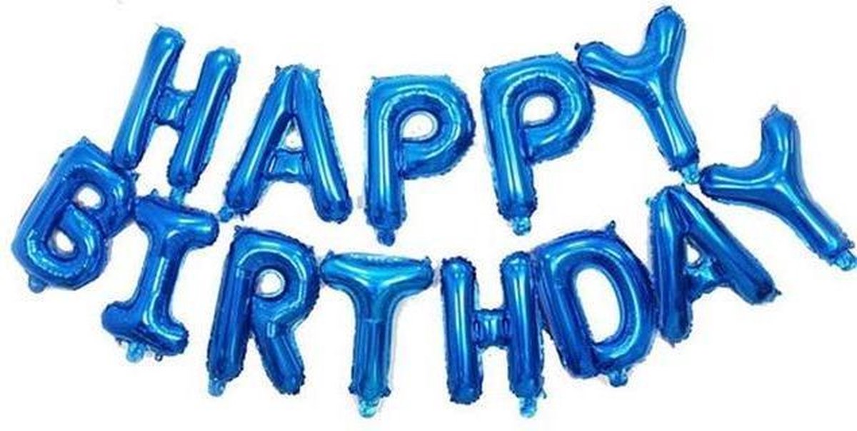 Folie Ballon - Happy Birthday Blauw Met Rietje