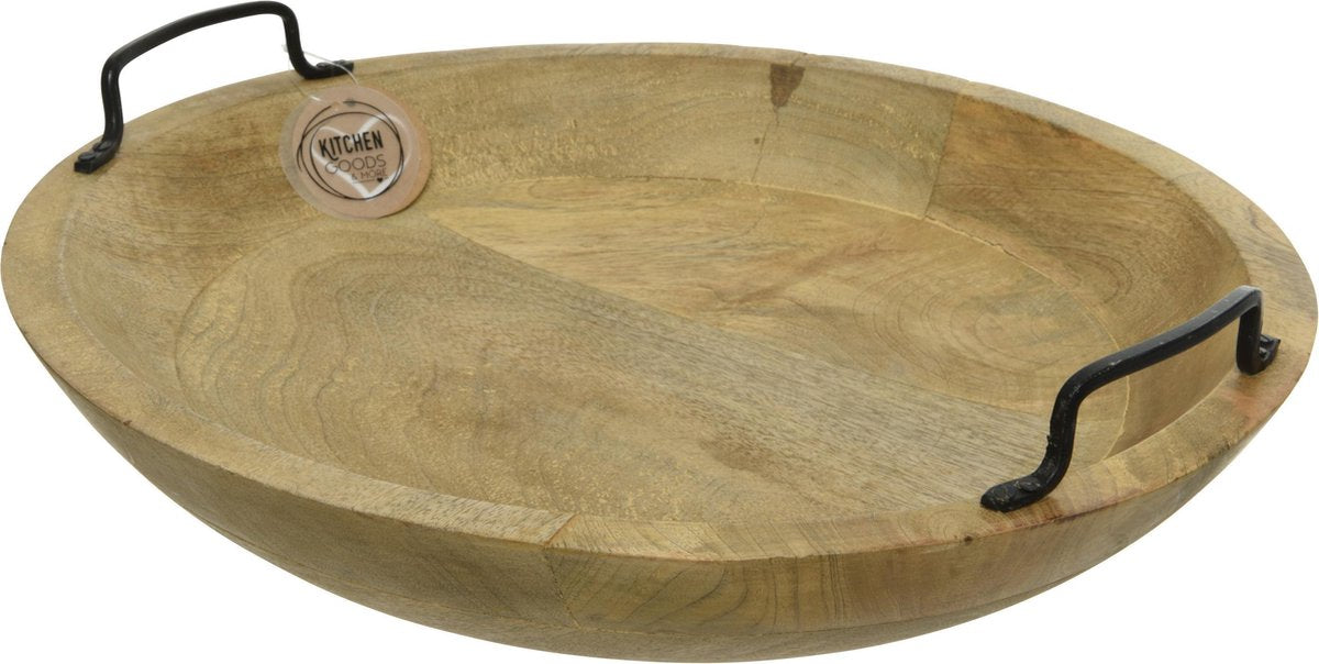 Dienblad/serveerschaal rond van mangohout 39 x 10 cm - Dienbladen met handvatten