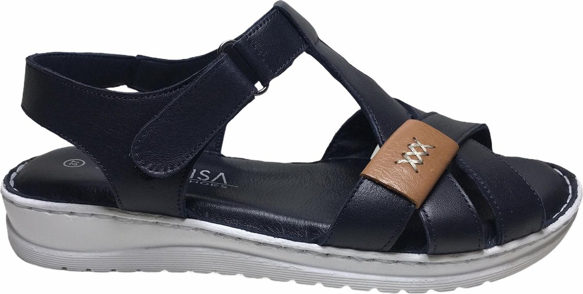 Manlisa velcro 3 kruisjes platte lederen comfort sandalen S147-20-1725 navy wit mt 37
