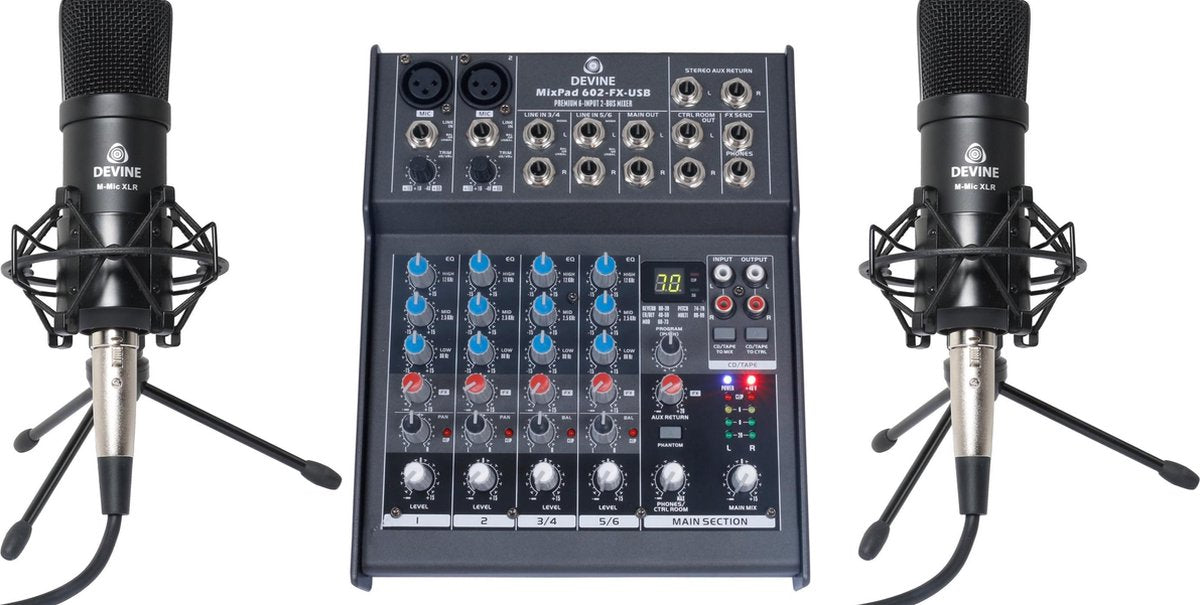 Met deze voordelige podcasat-set van Devine beschik je over een compacte MixPad 602-FX-USB mixer en twee M-Mic XLR-condensatormicrofoons