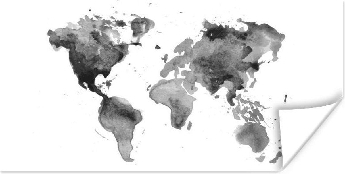 Muurdecoratie - Wereldkaart - Aquarel - Grijstinten - 80x40 cm - Poster