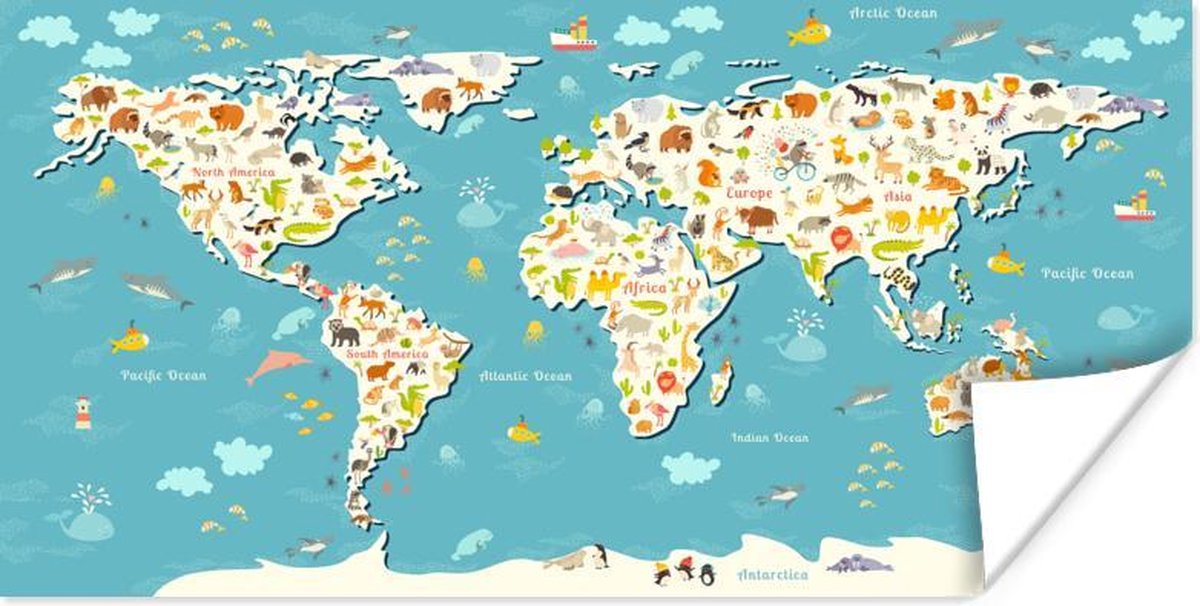 Wereldkaart Muur - Wereldkaart Kinderen - Blauw - Dieren - 40x20 cm - Poster