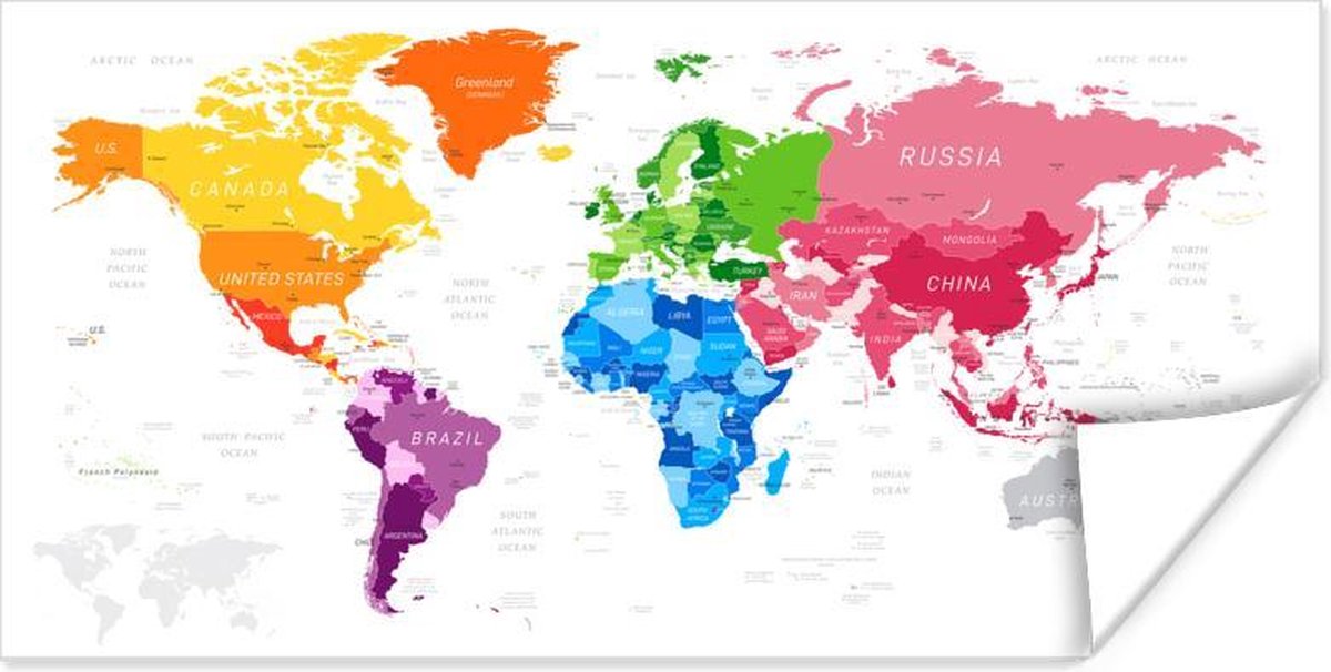 Wereldkaarten - Wereldkaart Kinderen - Kleuren - Tekst - 160x80 cm