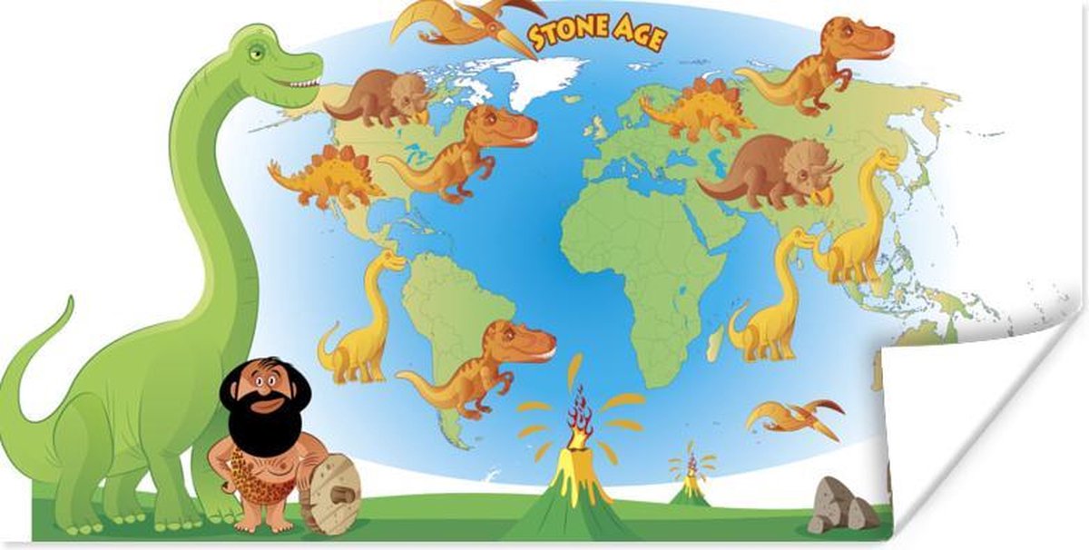 Wereldkaarten - Wereldkaart Kinderen - Dinosaurus - Vulkaan - 160x80 cm