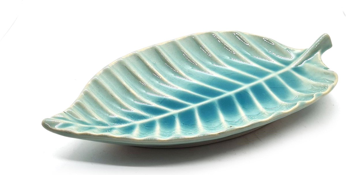 Presenteerschaal - Serveerschaal - Presenteerblad - Handgemaakt en geschilderd - Bladvormige schaal Turquoise 28 cm (2 stuks)