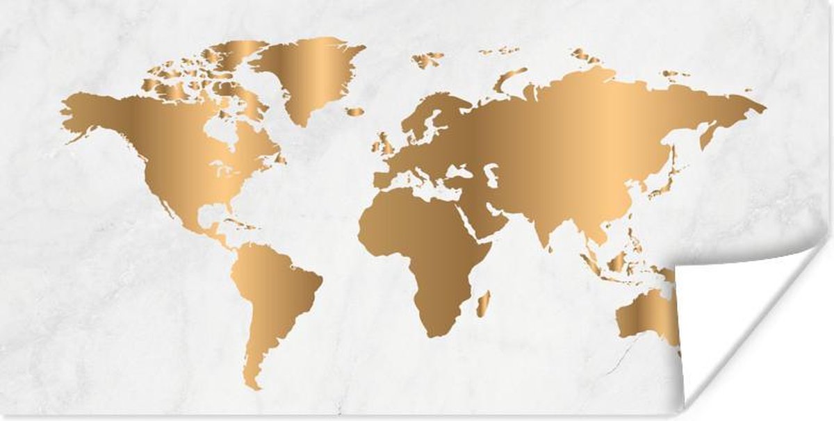 Wereldkaart Muur - Wereldkaart - Goud - Marmer - 40x20 cm - Poster