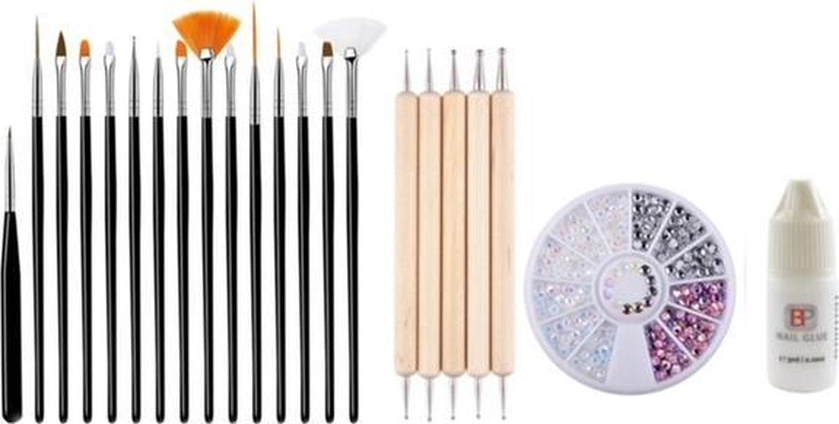 GUAPÀ - Nagel Penselen Set Zwart + Rhinestones Parelmoer + Druppel & Dotting Pennen + Nagellijm - Nail Art