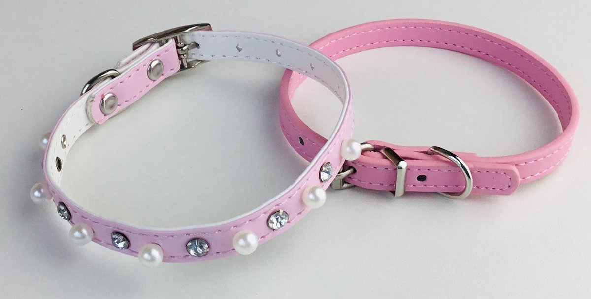 Hondenhalsbanden Leer - 2 Stuks - Strass - Roze - Nekomvang 20 tot 26 CM - Voor Middelgrote Honden