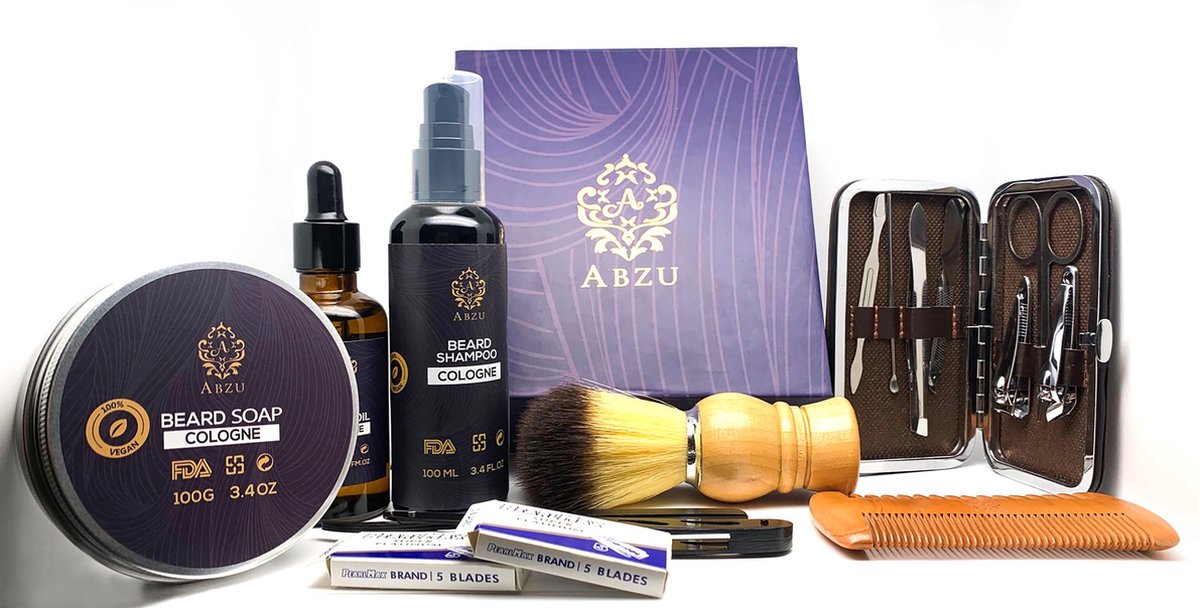 Abzu Baard Verzorging Set met Shavette Scheermes en Diervriendelijke Scheerkwast - Inclusief Baardolie