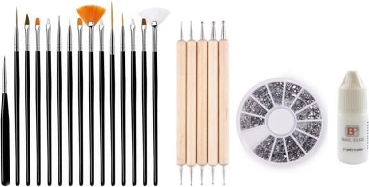 GUAPÀ - Nagel Penselen Set Zwart + Rhinestones Zilver + Druppel & Dotting Pennen + Nagellijm - Nail Art