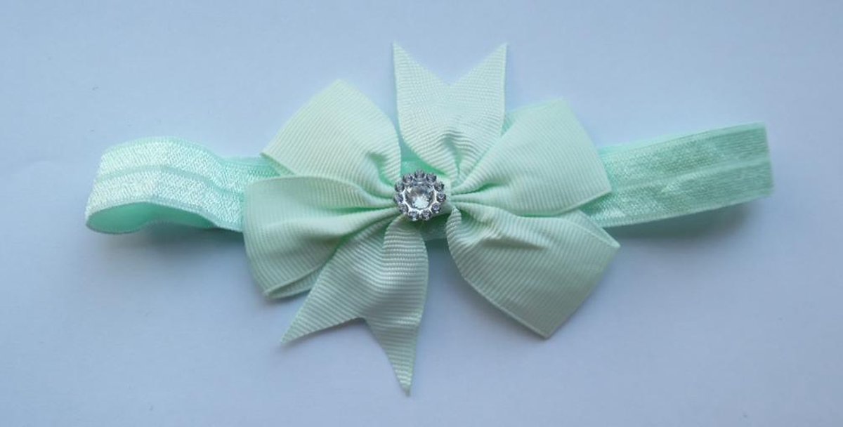 Haarband hoofdband elastiek met strik en glittersteen/rhinestone licht mintgroen/icemint - gratis verzending